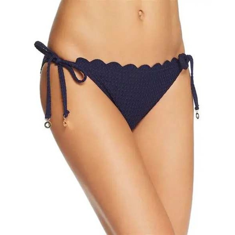 Kate Spade Navy Scalloped Side Tie Bikini Bottoms Textured Chevron Blue